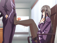 Japonés hentai coed trabajando con el pie y corrida facial