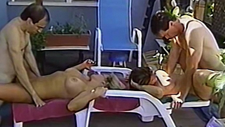 Vintage amateur orgy with two couples in the backyard